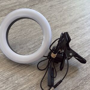6” LED ring light with clamp and remote attached. usb port.